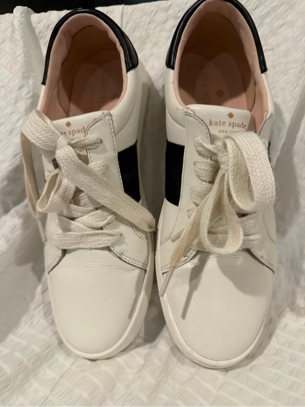 kate spade White Leather Sneakers with Black Stripe and Pink Lining